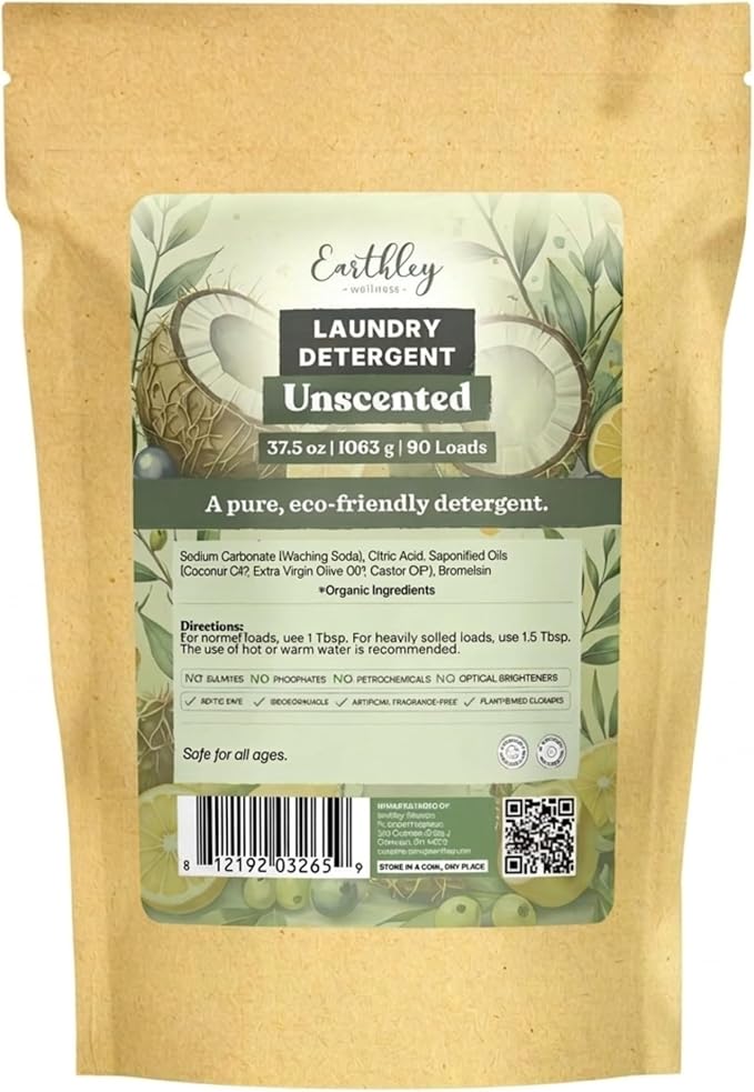 Earthley Wellness Laundry Detergent, Gentle on Sensitive Skin, Bromelain, Safe for Baby Clothes & Cloth Diapers, Eco-Friendly, Pineapple Enzyme to Fight Stains (90 Loads, Unscented)