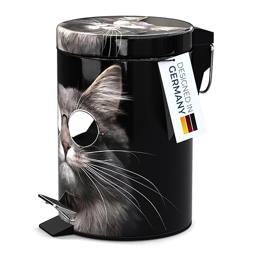 Sanilo Small Bathroom Trash Can with Lid [1.3 Gallon] - Lidded Tiny Trashcan for Garbage - Mini Metal Bin with Soft Closing Mechanism - Bath Room Accessoire Wastebin with Inner Bucket (Cool Cat)