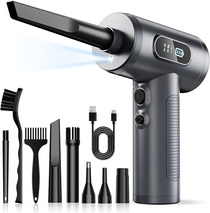 FRESMOL Compressed Air Duster 100000RPM Cordless Grey | 3 Speeds, Smart LED Display, LED Light, 7500mAh Rechargeable, 5 Nozzles & 3 Brushes, for Keyboard, Car, Home, Outdoor