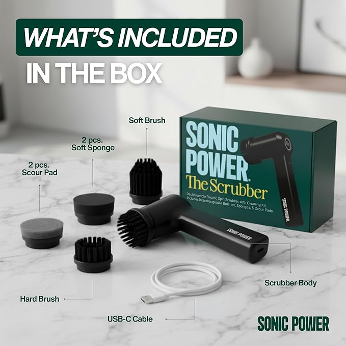 SonicPower Electric Spin Scrubber – Handheld & Ergonomic, IPX7 Waterproof, 4 Multi-Purpose Brush Heads, Long-Lasting Rechargeable Battery – Cleans Dishes, Bathroom, Tile, Grout & Kitchen (Black)