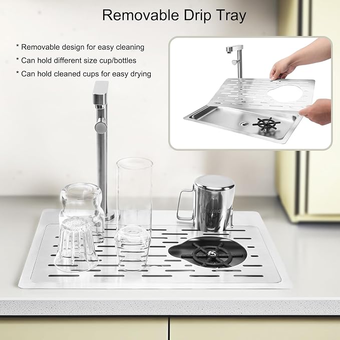 DIBTSA Pitcher Rinser, Stainless Steel Countertop Glass Rinser Cup Washer Sink with Side Spray,Drip Tray for Home Cafe Restaurant