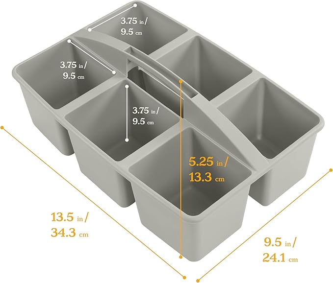 ECR4Kids 6-Compartment Large Plastic Caddy, Multipurpose Organization, Grey, 6-Pack