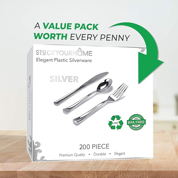 Silver Plastic Silverware Set (200-Pack) – Disposable Heavy Duty Cutlery, 67 Forks, 67 Knives, 67 Spoons for Parties, Weddings, Dinners & Holidays