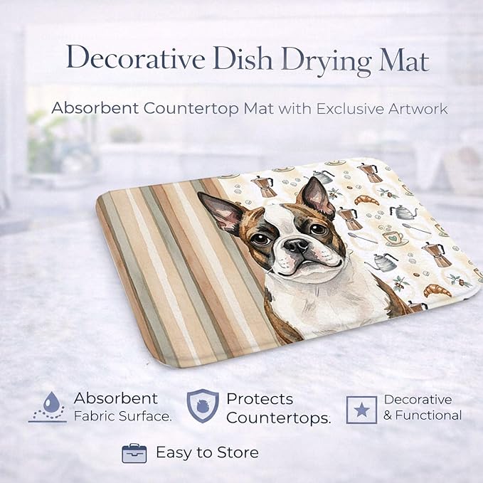 Caroline's Treasures Brindle Boston Terrier Coffee Bar Dish Drying Mat Absorbent Dish Drying Mat Pad for Kitchen Counter Dish Drainer Mat for Countertop, 14 x 21", Multicolor