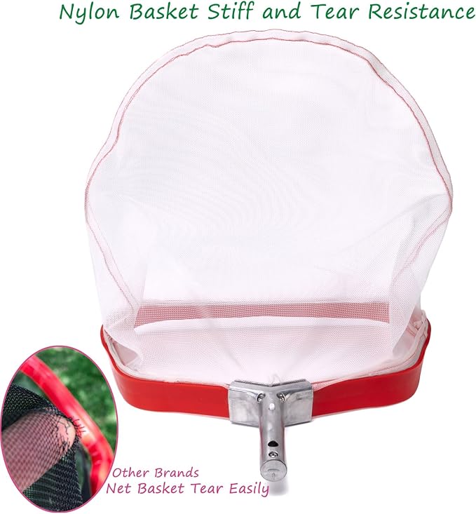 Professional Swimming Pool Skimmer, Heavy Duty Leaf Rake with Aluminum Frame, Anti-Rip Nylon Net Bag for Cleaning Twigs Wet Leaves