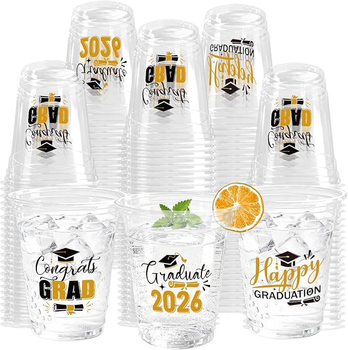 100 Pack Graduation Plastic Cups 12 oz Gold Disposable Class of 2026 Decorations Graduation Party Favor Drinking Beverage Cup for Party Supplies Decorations