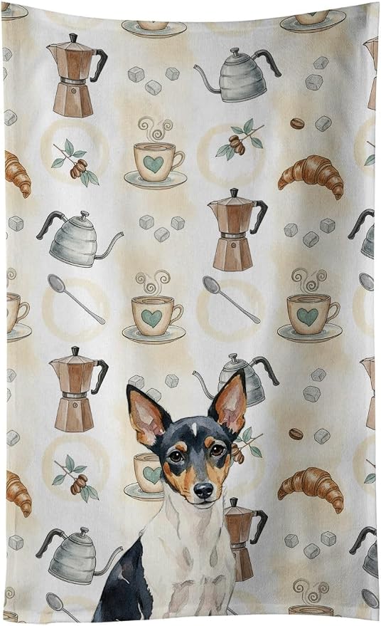 Caroline's Treasures Toy Fox Terrier Coffee Bar Kitchen Towel Velour Plush Front and Cotton Loop Back Machine Washable