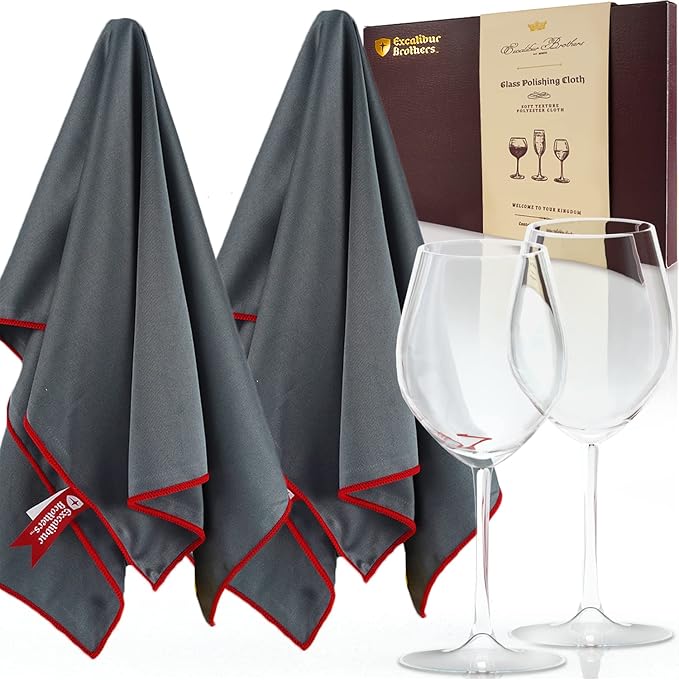 Premium Glass Polishing Cloth 23.5" x 20" (2 Pack) - Streak and Lint Free Wine Cloths, Large Polishing Cloth for Glassware, Wineglass Cleaner Best Gifts for Men (Gray)