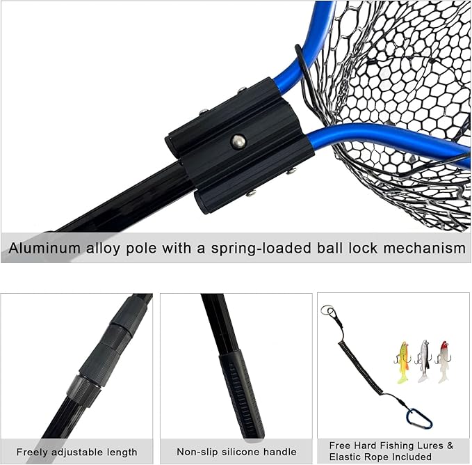 Large Fishing Net with Handle High Strength Landing Net Long Telescoping Rubber Fish Net Extendable Dip Net for Fishing Ideal for River Angling Pier Boat