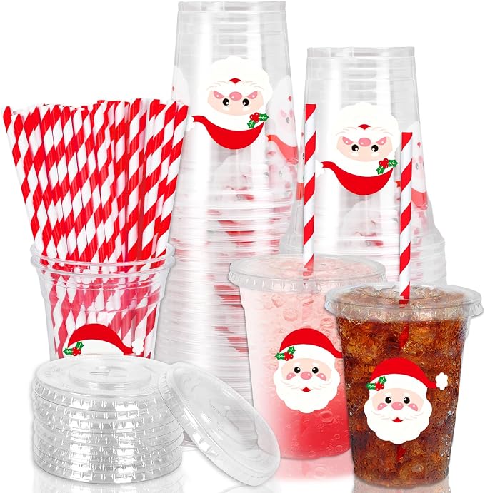 Whaline 50 Pcs 12 Oz Christmas Disposable Plastic Cups with Lids and Straws Santa Claus Face Cold Beverage Drinking Cups for Winter Xmas Birthday Party Supplies