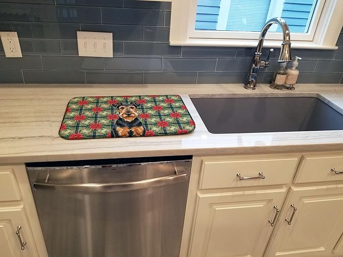 Caroline's Treasures Airedale Terrier Christmas PoinsettIas Dish Drying Mat Absorbent Dish Drying Mat Pad for Kitchen Counter Dish Drainer Mat for Countertop, 14 x 21", Multicolor