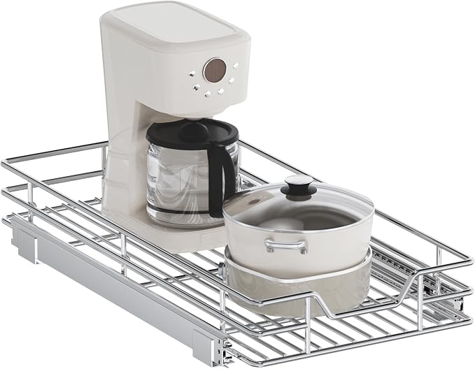 Pull Out Cabinet Organizer, 13.5" W x 21.5" D, Heavy Duty Chrome Slide Out Shelf for Base Cabinets, Sliding Wire Basket Drawer for Pantry Items, Bowls, Containers & Cleaning Supplies