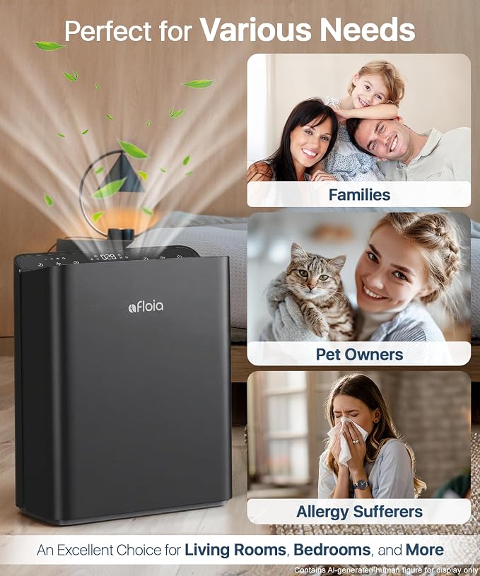 Afloia Air Purifiers for Bedroom Home Large Room Up to 2000Ft², 3-Stage Efficient Filter with Laser Air Quality Sensor for Pets Hair Dander Pollen Allergies Dust Mold Odor Smoke, Black