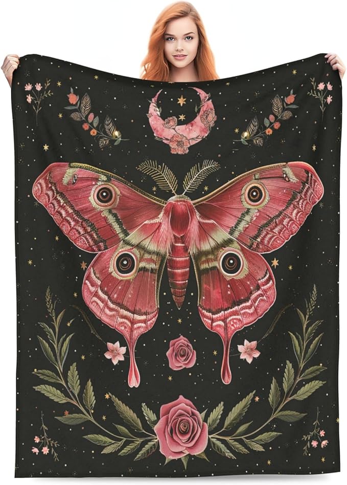 Moth Moon Rose Blanket Witchy Vintage Butterfly Decor Throw Blanket Comfy Plush Flannel Fleece Warm Soft Fluffy Fuzzy Blanket Gothic Gifts for Girls Boys Women Teens for Room Bed Sofa Couch 60"X80"