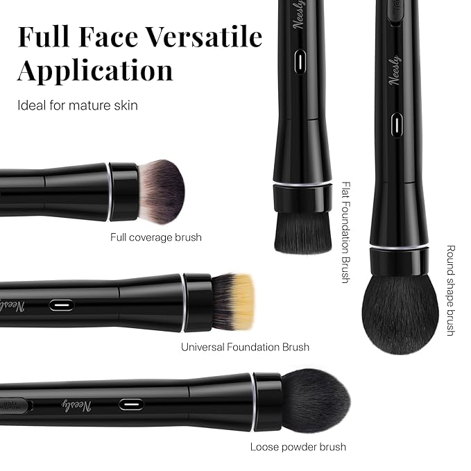 360° Rechargeable Rotating Makeup Brush Set, 5 Vegan Brush Heads, Electric Blending Face Brushes For Foundation, Blush, Powder, Bronzer, Contour, Highlight & Airbrush Finish, Flat Kabuki Brush