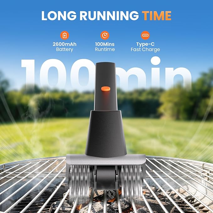 Rechargeable Electric BBQ Grill Brush, 2600mAh Battery, 2-Speed Power, LED Light, 100 Mins Long Runtime, 304 Stainless Steel Heat Resistant Grill Cleaner for Outdoor Camping & Grilling