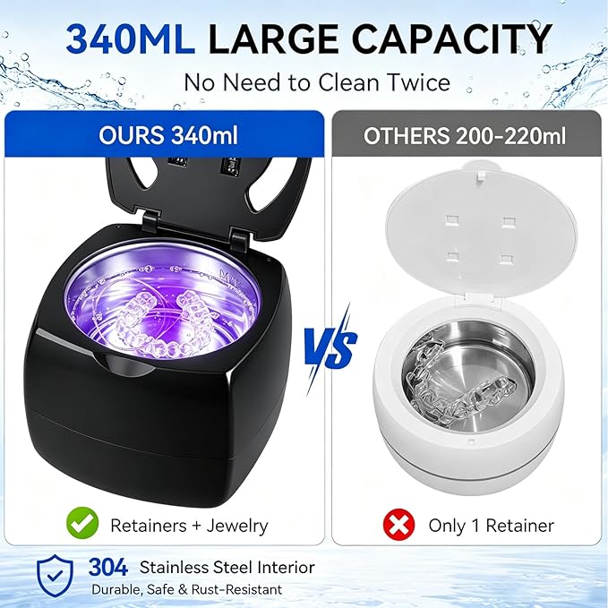 Ultrasonic Retainer Cleaner Machine, 340ml 48kHz Ultrasonic Cleaner for Retainers, Dentures, Mouth Guard & Jewelry,4 Cleaning Modes, Large Capacity Tank,Portable Quiet Design with UV Light,Black