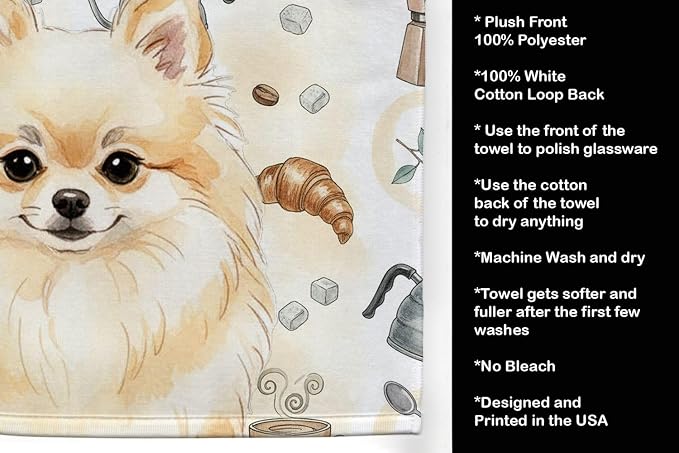 Caroline's Treasures Cream Pomeranian Coffee Bar Kitchen Towel Velour Plush Front and Cotton Loop Back Machine Washable