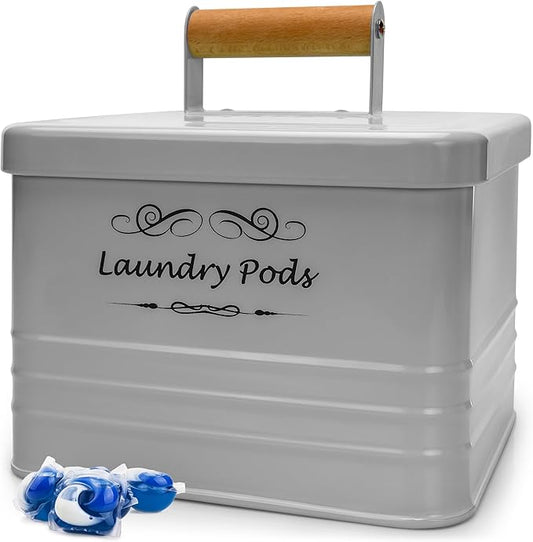 ELITAPRO Laundry Pods Holder - Modern Farmhouse Laundry Pods Container - Metal Detergent Pods Container with Lid for Laundry Room Decor and Accessories - Laundry Room Organization & Storage (Khaki)