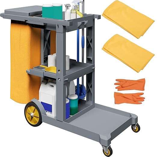 YITAHOME Cleaning Carts on Wheels, Janitorial Cart, 3-Shelf Commercial Traditional Plastic Housekeeping Cart, with 2 Yellow 25 Gallon Vinyl Bag and Pair of Rubber Gloves, Gray