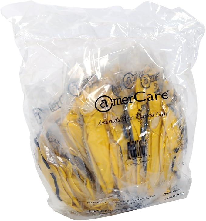 AmerCare Neptune Yellow Household Latex Rubber Gloves for Dishwashing and Cleaning, Medium, Case of 120 Pairs