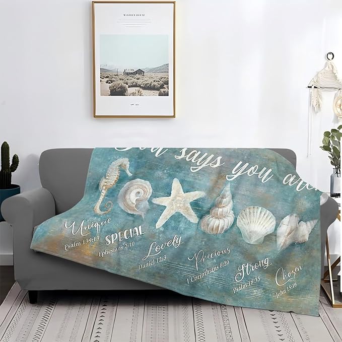 Tijuboni Ocean Seashells Throw Blanket - God Says You are - Beach Nautical Gifts for Women Men Girls Boys Kids Adults Soft Flannel Fleece Blanket for Couch Sofa Bed Home Decor 50"x60"