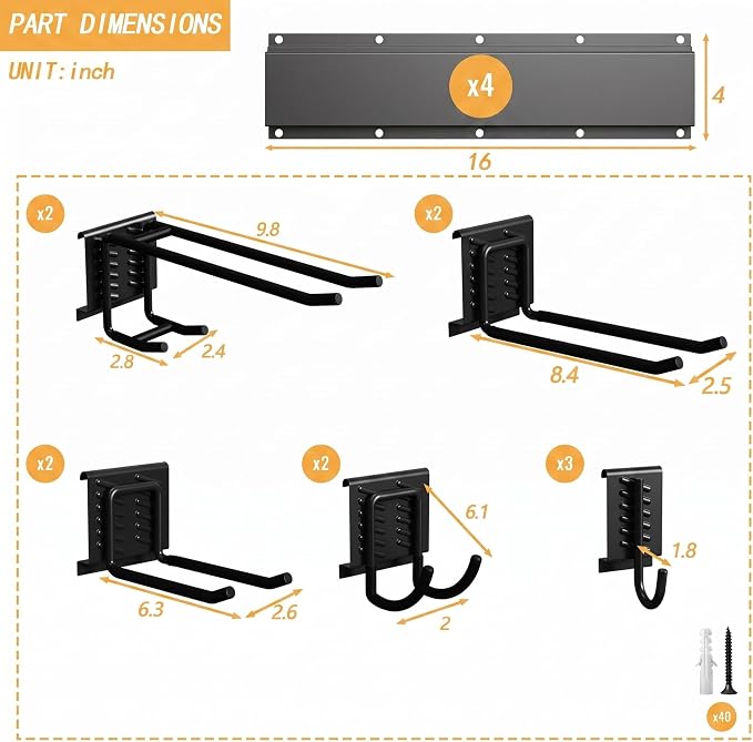 CBWLWJ Garage Tool Organizer Wall Mount, 64 inch Garage Wall Organizer, 680lbs Sturdy Garden Tool Organizer with 11 Adjustable Hooks, for Yard, Shed, Basement, Workshop(Black)