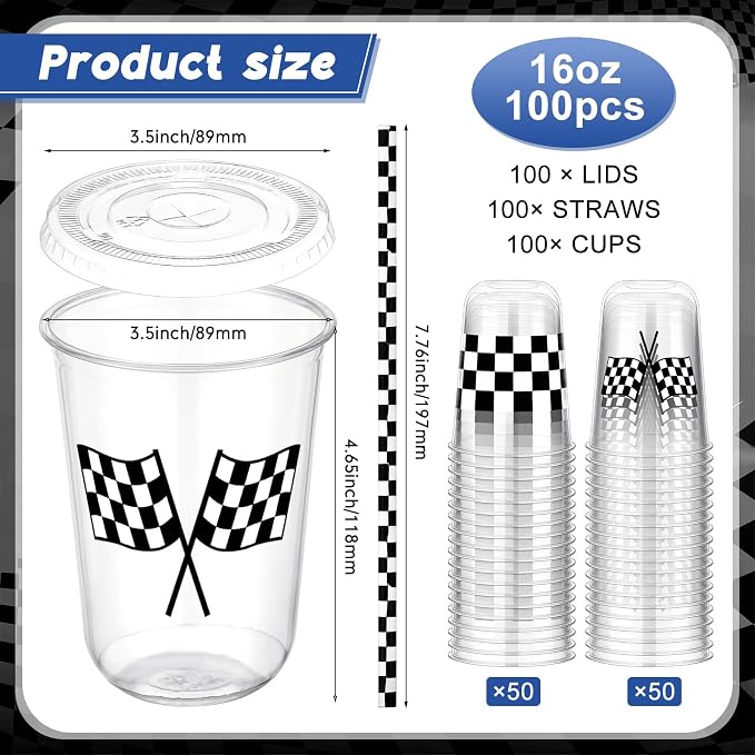 LemonRoad 100sets 16oz Checkered Flag Cups Race Car Birthday Party Decorations Supplies Plastic Cups Disposable with Lids and Straws for Racing Party Christmas Birthday Wedding Baby Shower Decoration