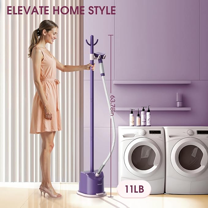 Newbealer Standing Garment Steamer 1500W Full-Size with Foot Pedal (Purple) | 1.7L Large Water Tank, 45s Fast Heat-Up, 50-Min Vertical Steaming, Auto-Off, for Home/Hotel/Laundry
