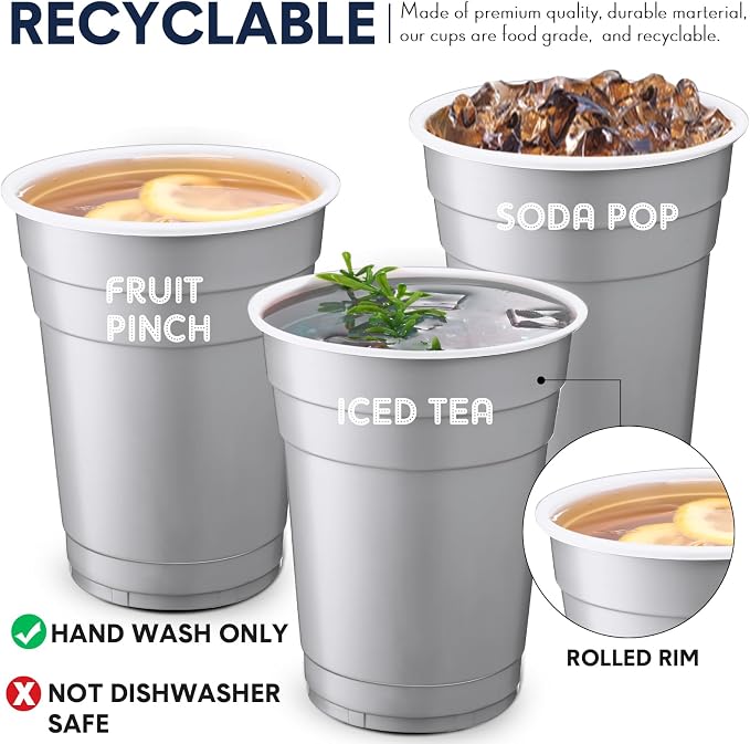 Dandat 200 Pcs 18 oz Plastic Disposable Cups Bulk Heavy Duty Large Cold/Hot Drinking Cups Disposable Container for Beverages Water Wedding Birthday Graduation Ceremonies Party BBQ Picnics, Silver