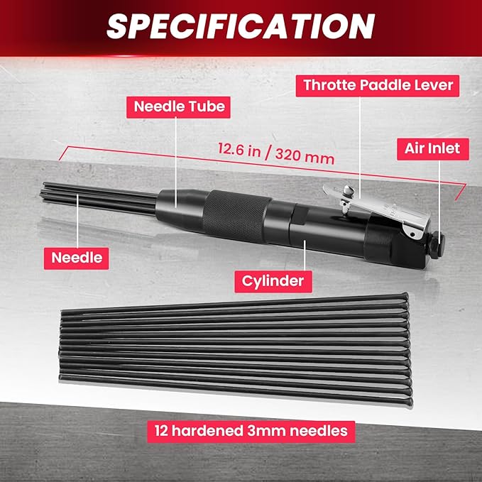 Compact Air Needle Scaler, Rust Remover Tool Needle Scaler Air Tool, Pneumatic Rust Paint Weld Slag Remover Cleaner, with 12 Needles, Includes 1/4" NPT Air Hose Fitting
