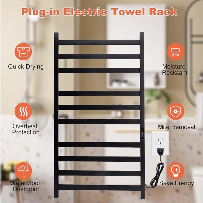 Towel Warmer Heated Towel Rack-Bar - Nopwer Bathroom Wall Mounted Electric Towel Drying Matte Black 10 Bar Plug-in