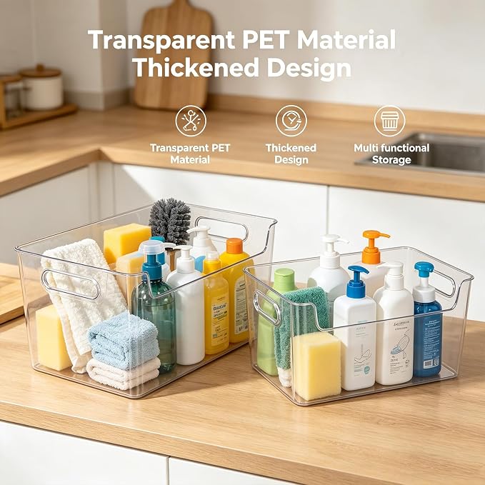 Clear Plastic Storage Bins, Pantry Organizers and Storage, Cleaning Supplies Organizer, Under Sink Storage, Snack Organizer, Multi-Use Organizer Bins for Chips, Vitamin, Spices, Makeup
