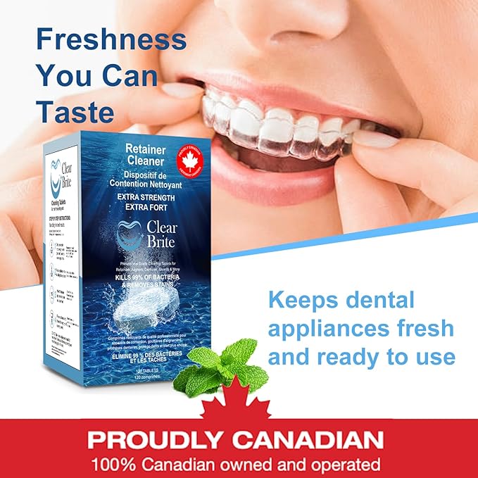 Proudly Canadian ClearBrite Naturals Retainer Cleaner Tablets, 120 Tablets (4 Month Supply), Extra Strength for Retainers, Aligners, Night Guards, Mouth Guards & Dentures