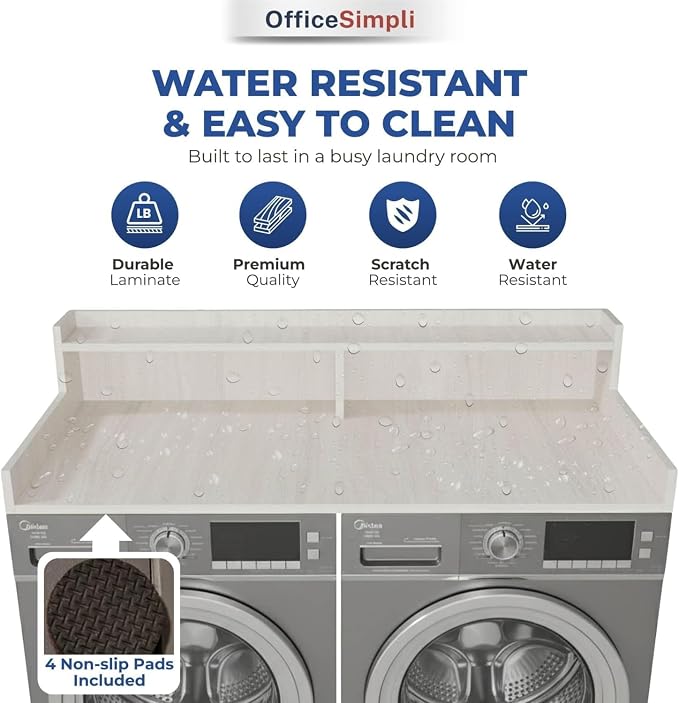 OfficeSimpli Washer Dryer Countertop, Made in USA, Non-Slip Pads, Laundry Room Wood Topper, Washer Dryer Cover for Top, Laundry Countertop, Laminate Finish (Glacier White, Large (27.5" x 58"))