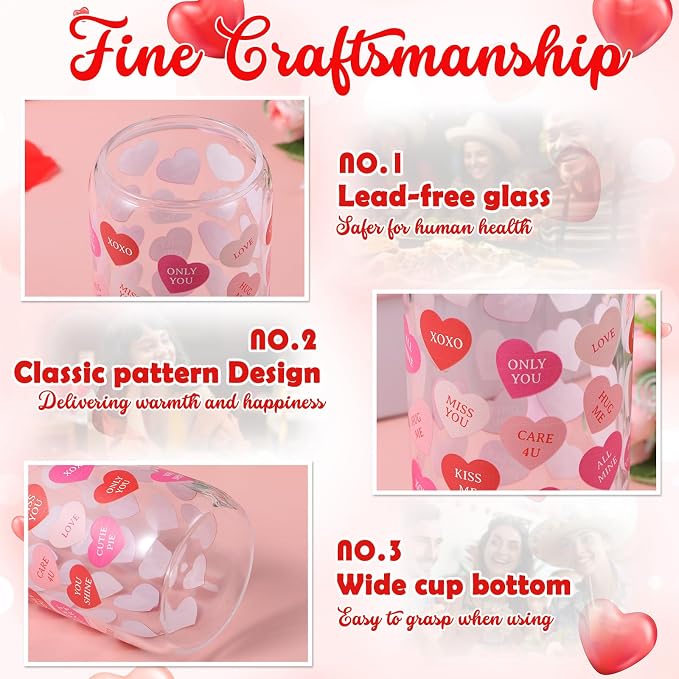 Sliner 2 Pcs Heart Glass Cups Valentines Galentines Day Tumbler 16 oz Iced Coffee Cup Drinking Glasses with Lid Straw Cute Beer Can Tumbler Holiday Gifts for Home Office Decorations