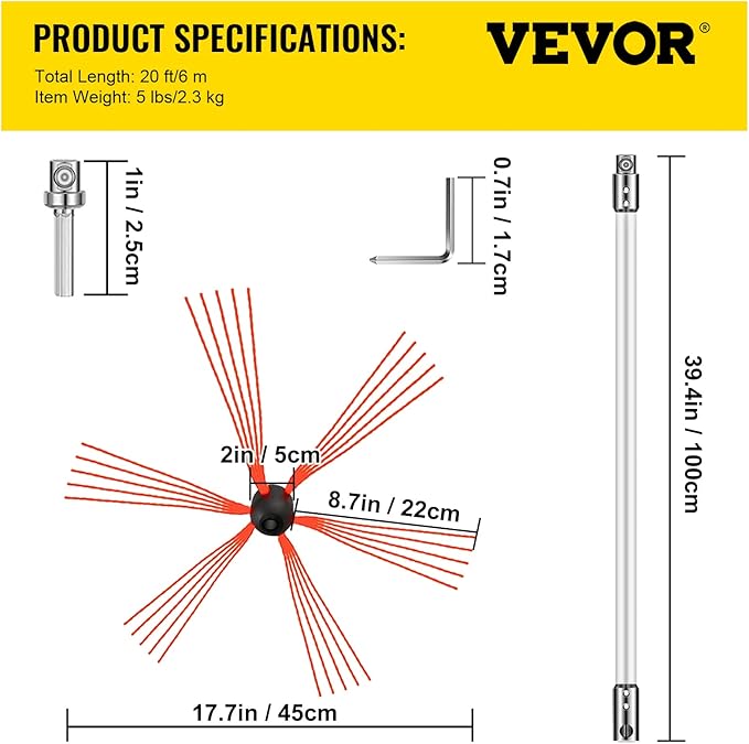VEVOR Chimney Sweep Kit 20FT Length, Chimney Brush Kit with 6 Nylon Flexible Rods, Rotary Chimney Cleaning Kit Driven by Drill, Chimney Cleaning Tool Kits for Sweeping Fireplace Flue