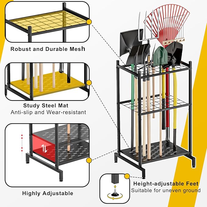 Garden Tool Organizer with 2 Pack Wall Mounted Racks, Holds 35+ Long-Handled Tools, Heavy Duty Metal Yard Tool Storage Stand for Garage, Shed & Outdoor Organization, Black