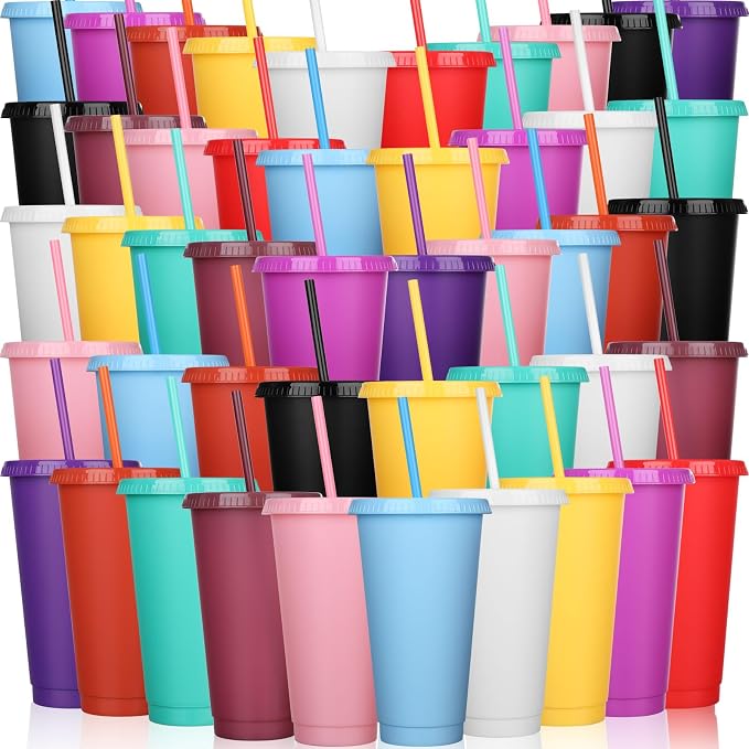 Honeydak 100 Pack Tumbler with Straw and Lid Bulk Cups for Gifts Water Bottle Iced Coffee Travel Mug Cup Reusable Plastic Tumblers for Party Birthdays 24-27 oz (Classic Color)