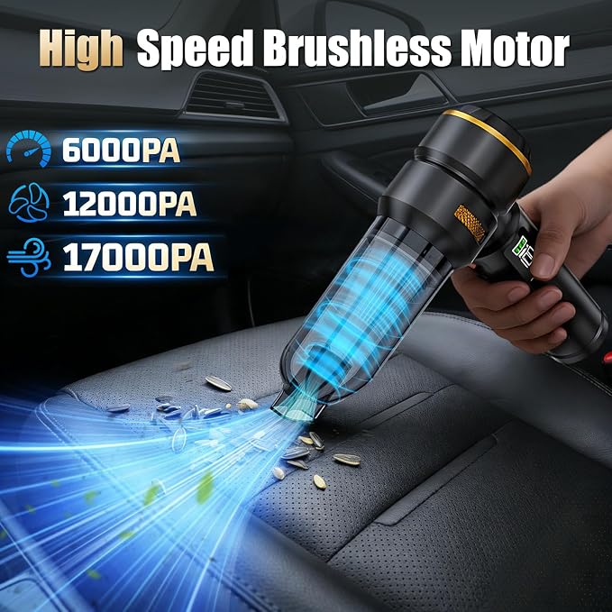 Handheld Car Vacuum Cordless, 17000PA Mini Car Vacuum Portable Cordless, Brushless Motor with Digital Display, Car Vacuum Cleaner for Office Desk Home Kitchen Car Pet Hair, Travel