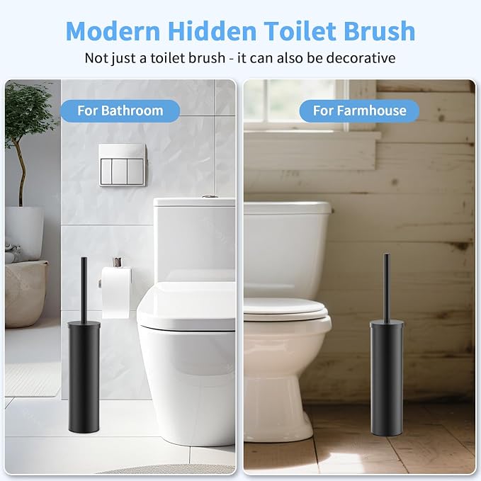Stainless Steel Toilet Brush and Holder Set Brushed Silver Heavy Duty Toilet Bowl Brush with Long Handle for Bathroom and Farmhouse (Black)