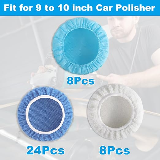40 PCS Polishing Bonnet Pads,9 to 10 Inches Buffer Bonnets,Car Polisher Pad Bonnet,Buffing Pad Cover Waxers Bonnet,Mix Pack 24 Microfiber, 8 Non-Woven, 8 Woolen for Car Polisher