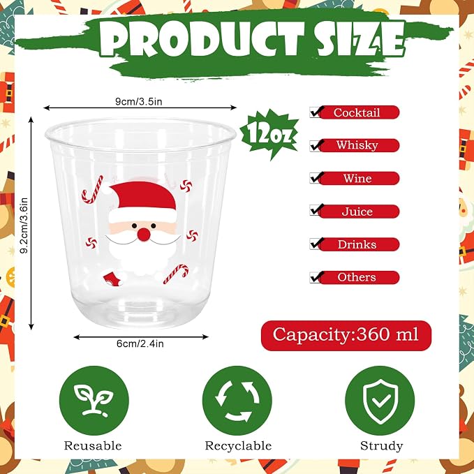 Whaline 60Pcs Christmas Plastic Cups 12 Oz Winter Snowman Gingerbread Man Santa Xmas tree Disposable Clear Stemless Wine Cocktail Glasses PET Drinkware Cups Set for Holiday Party Supplies