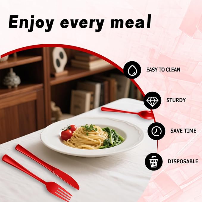 Plastic Silverware 150 PCS Disposable Silverware Heavy Duty Utensil Sets 50 Of Each Forks Knives & Spoons Disposable Cutlery Set For Easter,Birthday,Baby Shower,Garden Party,Wedding(150,Red)