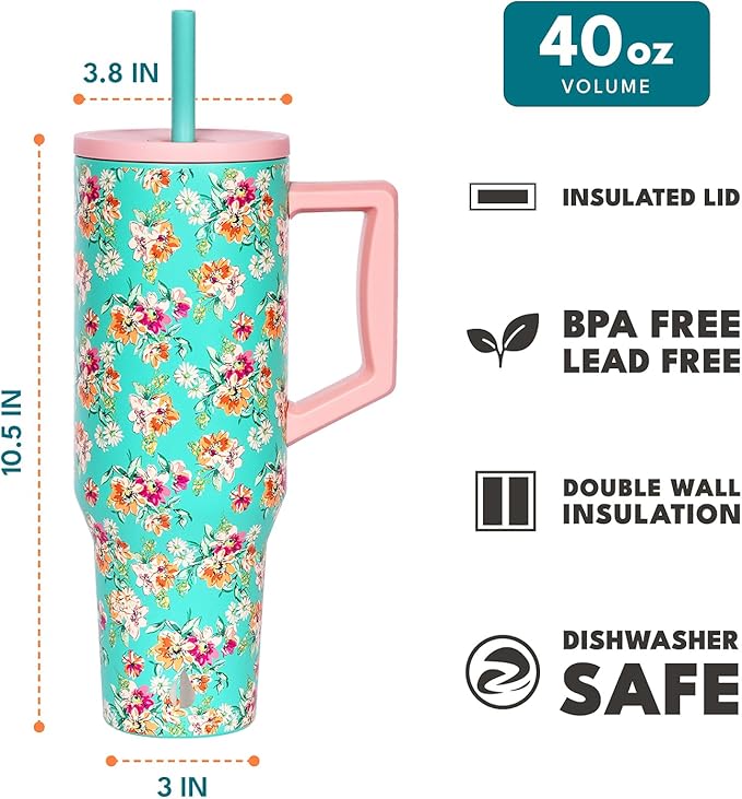 Elemental 40 oz Tumbler with Handle and Straw - Spill Proof Insulated Stainless Steel Commuter for Cold Beverages - Travel Coffee Mug with 2 Straws & Spill Proof Lid - 40oz - Vintage Flower