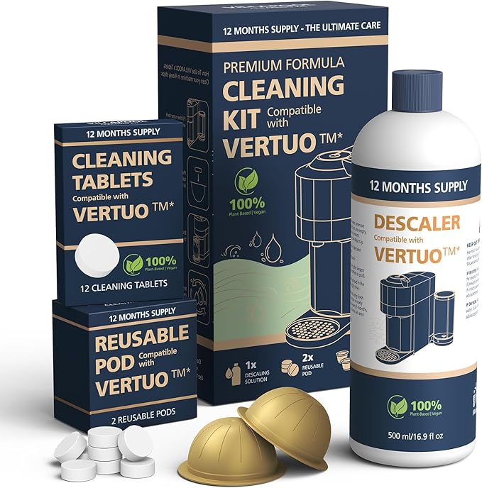 Descaling Kit Compatible with Nespresso Vertuo, 12 Month Supply-Includes 1 Bottle of Descaling Solution, 12 Cleaning Tablets & 2 Reusable Pods, Cleans Pod Area & Limescale, for Vertuoline