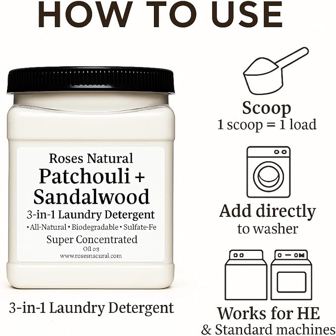 Patchouli + Sandalwood 3-in-1 Laundry Detergent Powder, 32 oz – Cleans, Softens & Removes Stains – Super Concentrated, All-Natural, Sulfate-Free, HE Compatible, Made in the USA