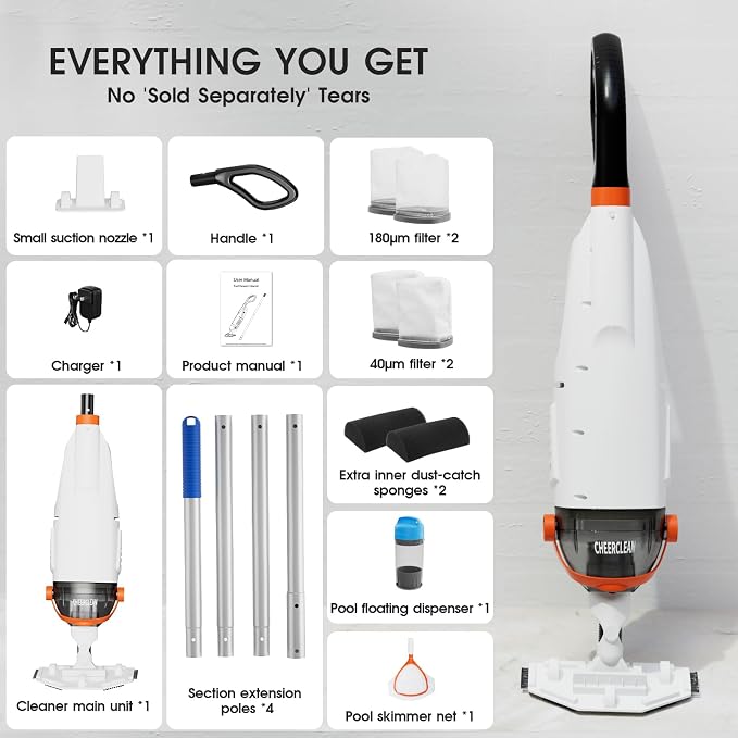 Cordless Handheld Pool Vacuum for Above Ground Pool -Upgraded 26.5GPM Real Suction,Time-Saving Directional-Control,60min Runtime,2Vac Heads &4Filter Bags,Leaf Net for Hot Tubs & Inground Pools -Orange