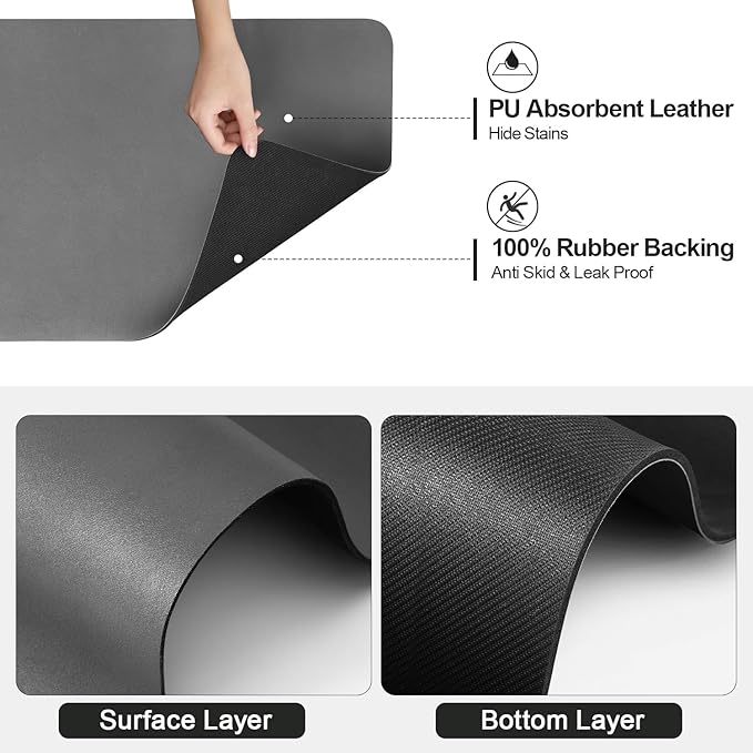 Ecotrim - Dish Drying Mat for Kitchen Counter | Coffee Bar Mat for Countertops | Heat Resistant Drainer Mat with Non-slip Rubber Backed | Hide Stain Kitchen Absorbent Draining Mat | Dark Grey 18"x24"