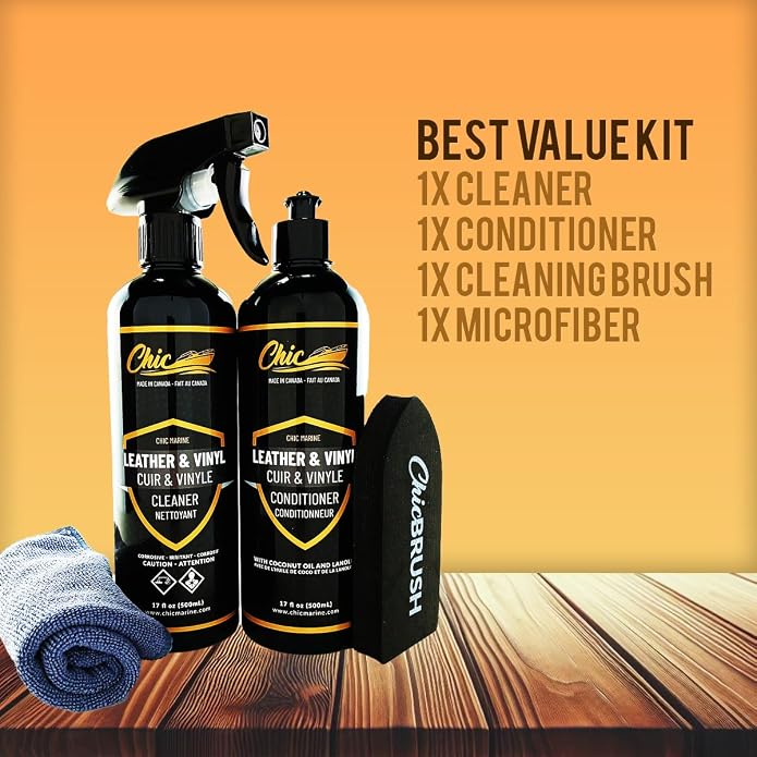 Leather Cleaner Conditioner Cleaning Kit for Sofa, Couch, Boat and Car Seats. Perfect for Faux Leather and Vinyl. Marine Grade Quality.